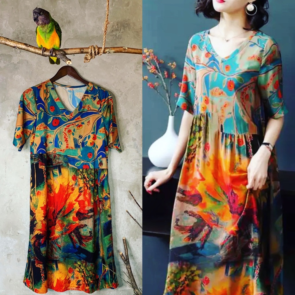 Multi color Asymmetrical printed midi dress